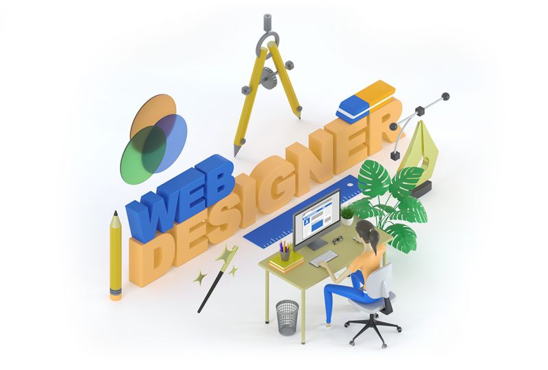 Female web interface developer sitting at a table on white background surrounded by 3d design elements in a graphical application. Big stylised word web design. Isometric 3d rendering illustration.